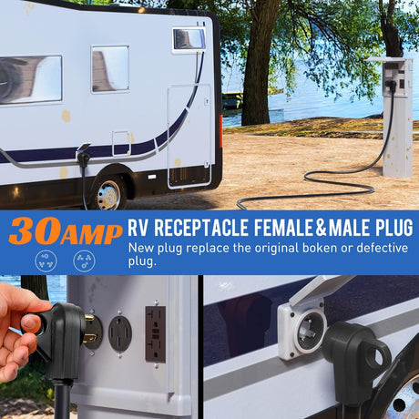 30 Amp RV Male and Female Plug Set TT-30P TT-30R Receptable 125 Volt Heavy Duty Electrical Camper ETL Listed for Caravan Motorhome Van Trailer
