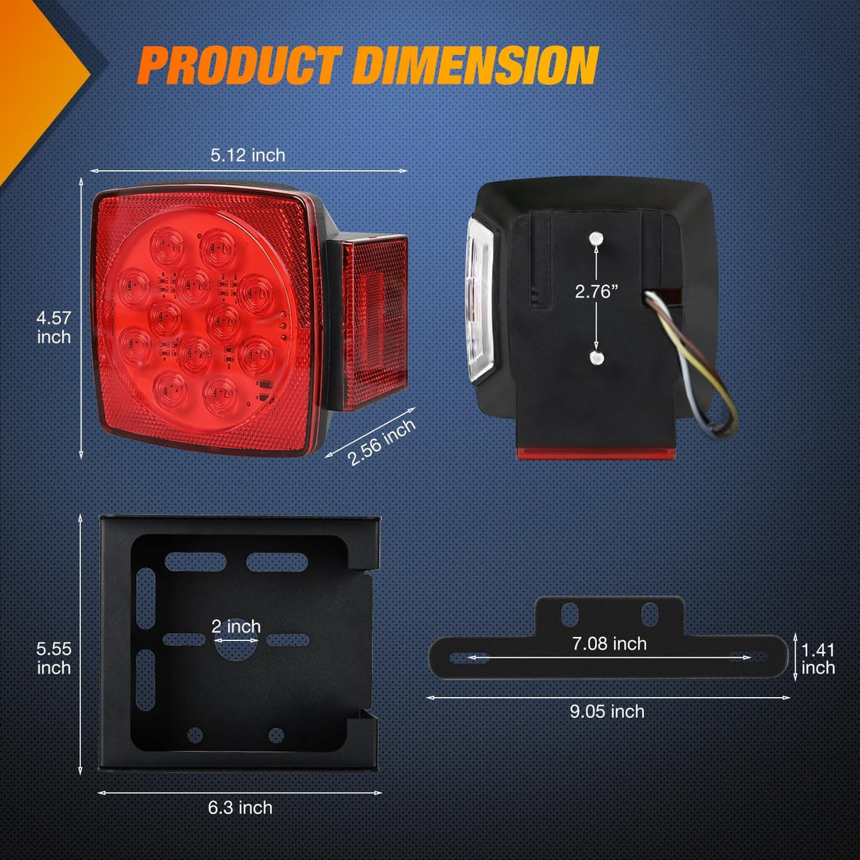 LED Trailer Light Kit 2 PCS Square Stop Turn Tail Side Marker Lights Steel Mounting Box License Plate Bracket Submersible IP68 For 12V Utility Boat Camper RV Truck