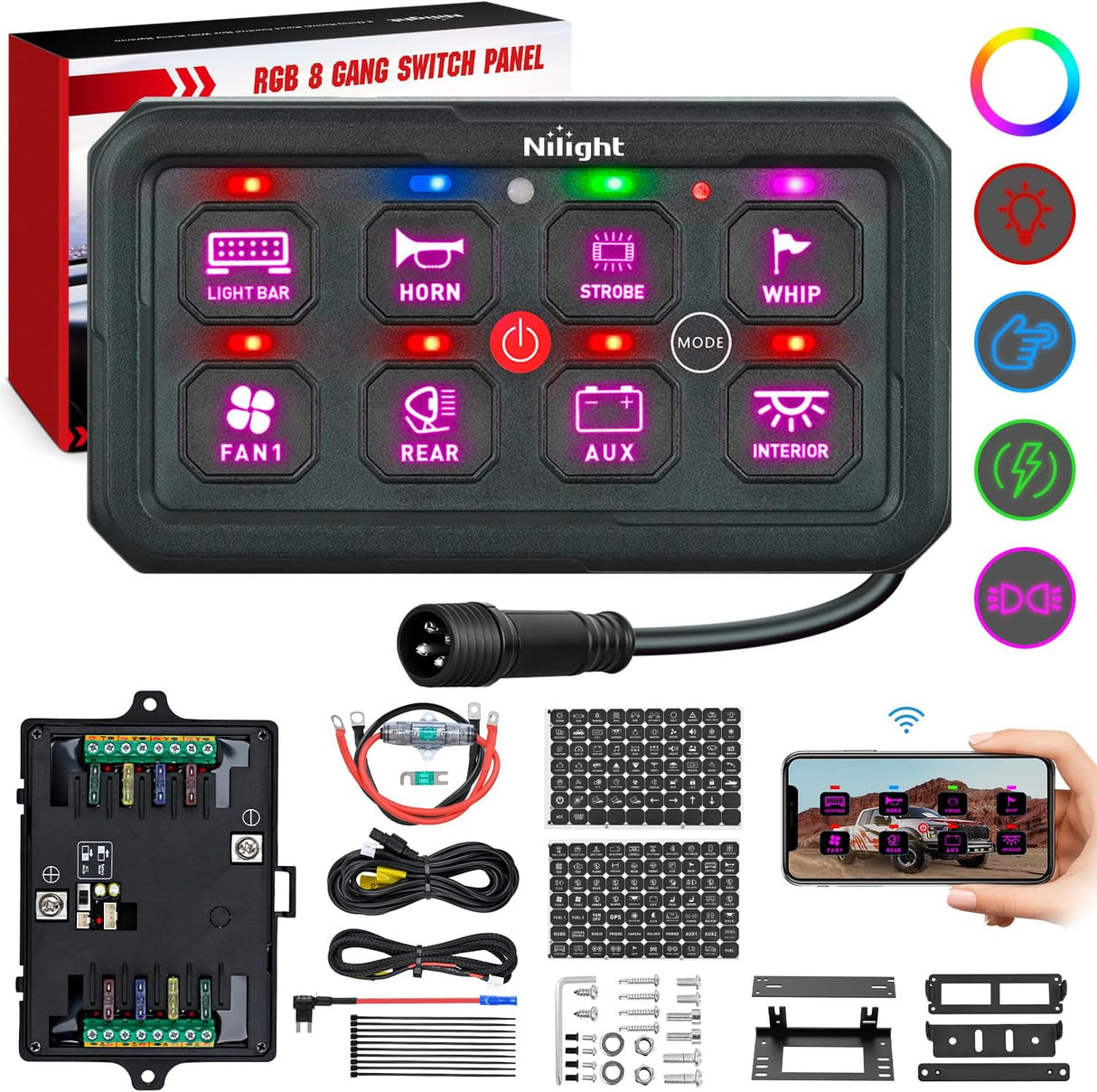 8 Gang Switch Panel Circuit Control Relay System APP RGB Backlight Double Row Fuse Wiring Harness Toggle Momentary Strobe Flash Modes Automatic Dimmable 12V 24V for Car Truck Camper SUV