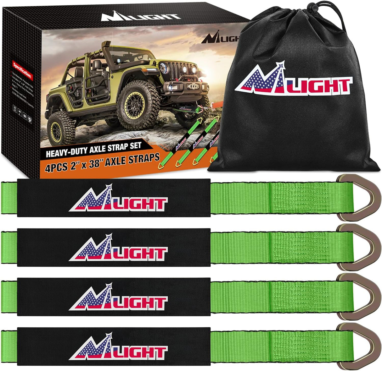 2 Inch x 38 Inch Axle Tie Down Straps with D-Rings & Protective Sleeves | 11,127 LBS Break Strength for Car Haulers Engine Hoists Trucks Trailers and UTVs 4 Pack Green