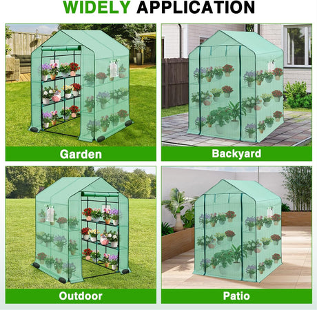 Greenhouse 57.5 Inchx57 Inchx77 Inch Walk in Green House - Large Outdoor/Indoor Greenhouses with 8 Shelves Waterproof PE Cover & Windows, Portable Greenhouse Kit for Winter Backyard Gardening Patio, Green