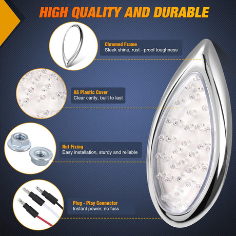 Trailer Tail Light 2PCS 5.9Inch Teardrop 35 LED White Chrome Bezel Marker Clearance Reverse Backup Running Taillight IP67 Waterproof for Trailer Truck Pickup Camper RV