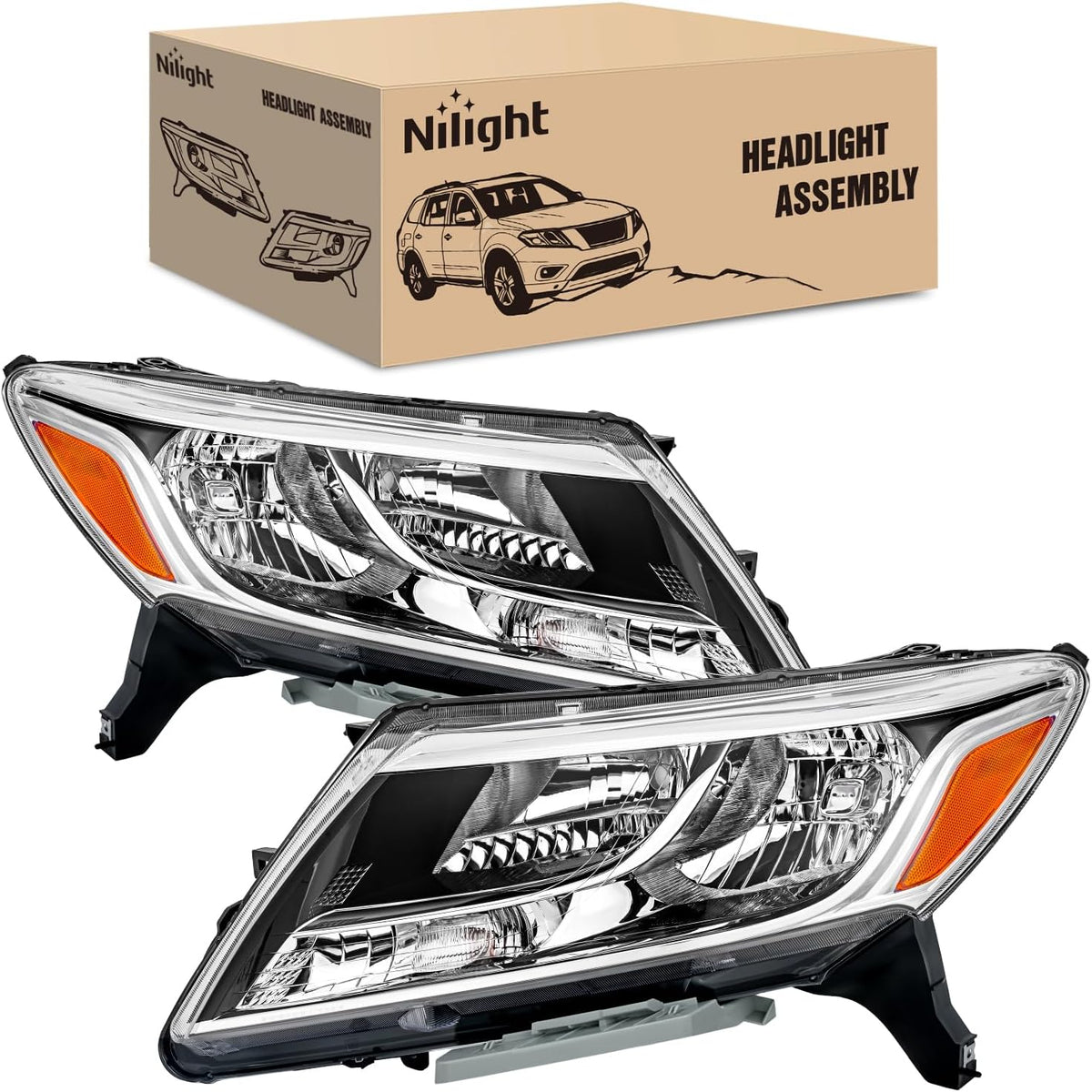 Headlight Assembly Compatible with 2013-2016 Nissan Pathfinder | 2013-2016 Nissan Pathfinder Halogen Type OE Style Replacement Chrome Housing Amber Reflector Headlamp