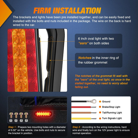 6 Inch Oval Trailer Tail Light 2 PCS Red Brake Stop Amber Left Right Turn Signals Lights with Flush Mount Grommets Plugs Mounting Brackets for RV Truck Luggage Rack