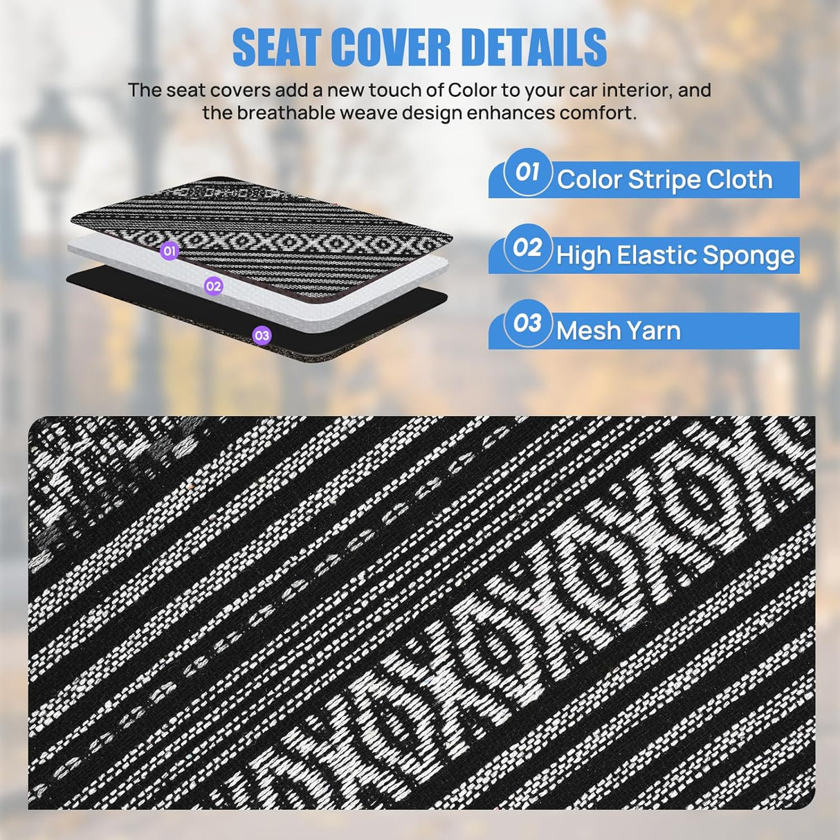 Car Seat Covers 2PCS Black Stripes Baja Saddle Blanket with Shoulder Pads Breathable Washable Striped Woven Airbag Compatible Universal for Cars SUV Truck Front Seat