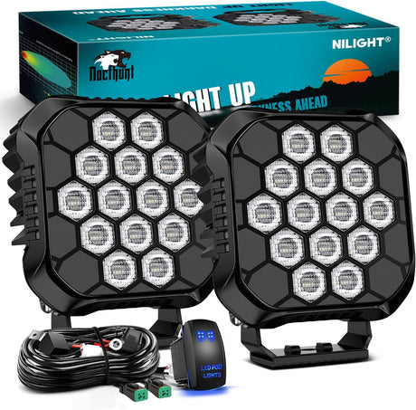 LED Pod Light 2 PCS 4.4 Inch 90 W 18 LED Square Hyper Flood Beam Offroad Driving Lights w/14 AWG Rocker Switch Wiring Harness Kit for Truck Motorbike Boat ATV UTV