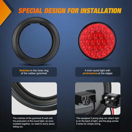 4 Inch Red Round 24Leds Tail Light Flush Mount Grommets 2Pcs Nilight