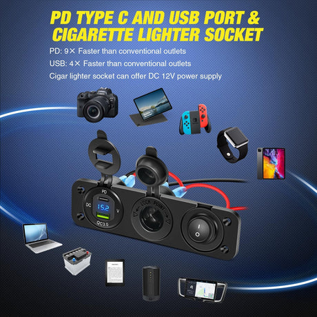 4 in 1 Charger Socket Panel PD Type C and QC 3.0 USB with LED Voltmeter Display and Cigarette Lighter Power Cutoff Switch for Cars Trucks UTV ATV