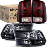 Headlight and Taillight Assembly Combo Compatible with 2009 2010 2011 2012 2013 2014 2015 2016 2017 2018 Dodge Ram for Quad Models Black Housing Clear Reflector with Dark Red Tail Light