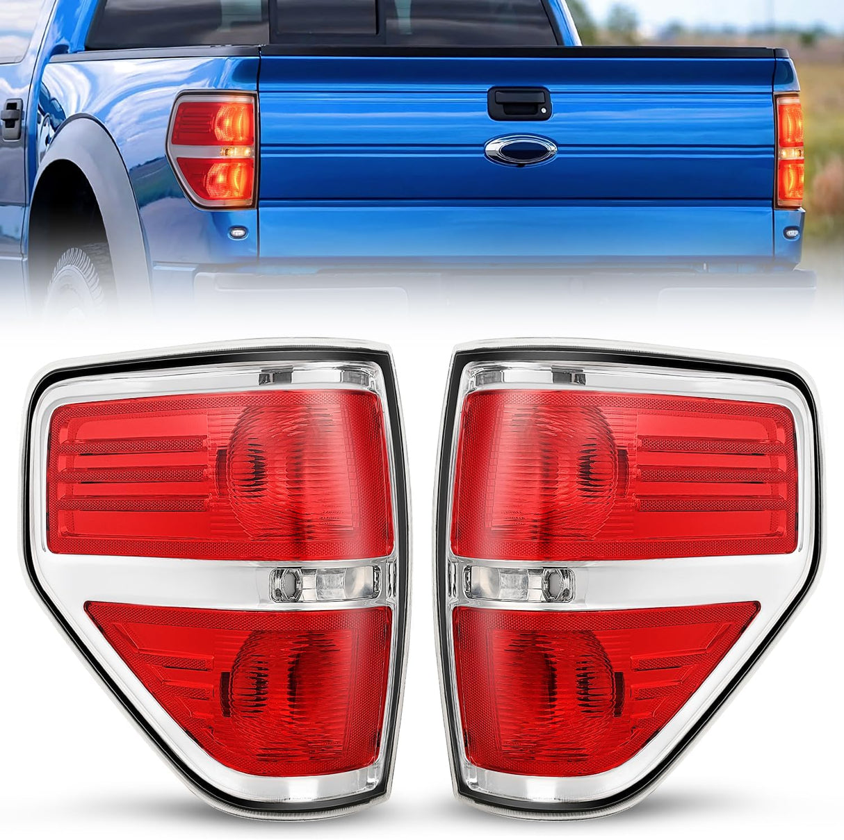 Taillight Assembly Compatible with 2009 2010 2011 2012 2013 2014 Ford F-150 Pickup Truck Taillights Rear Lamp Replacement OE Style Red Housing Driver and Passenger Side Chrome Trim