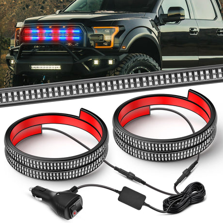 2PCS 24 inch Truck Grille Strobe Lights Strip 384 LED Emergency Light Red Blue Flexible Side Flashing Warning Caution Safety Waterproof Lighting Kit for Trucks Tow Plow Construction Vehicles