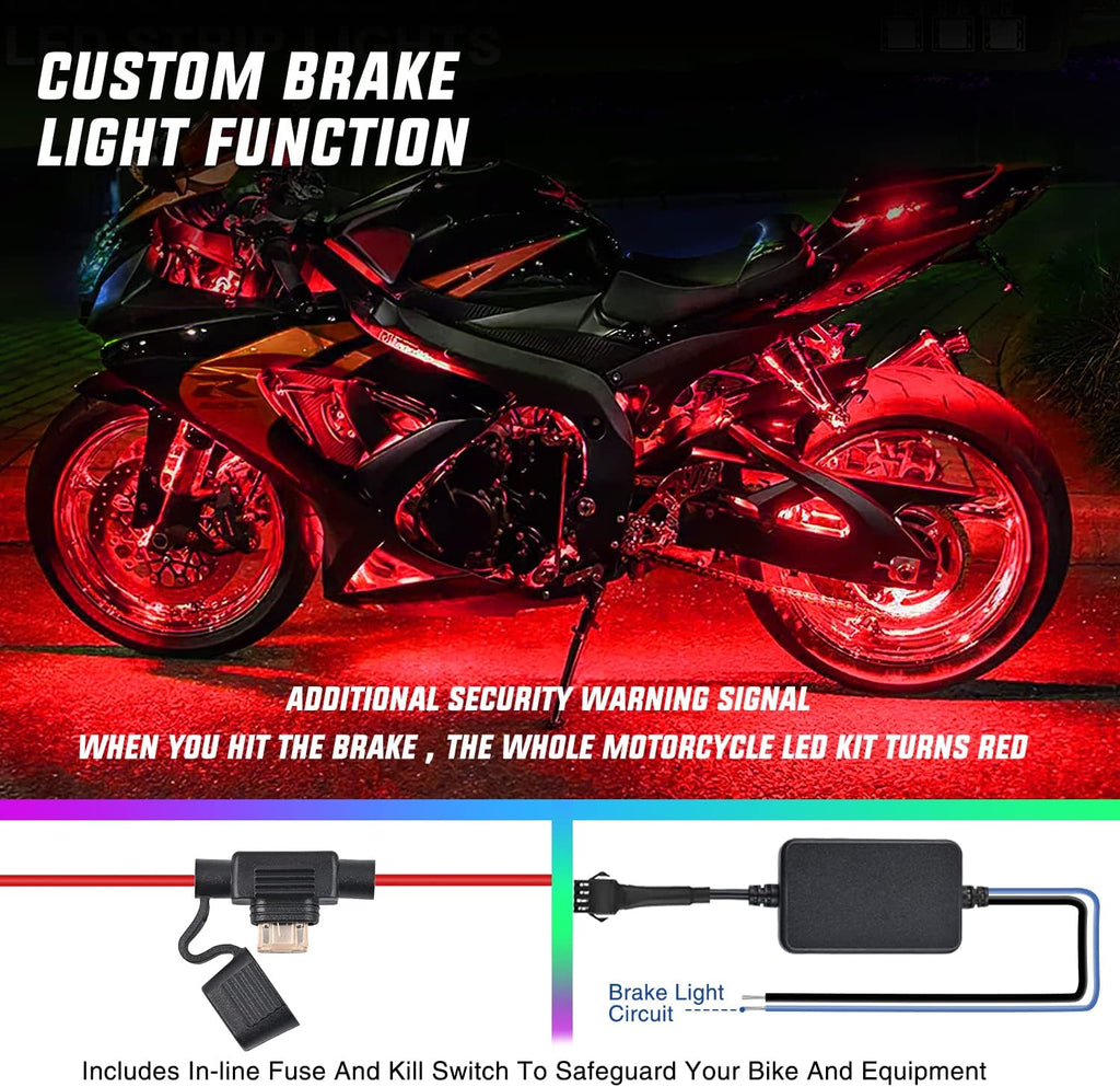 8pcs Motorcycle RGB LED Strip Lights Kit with Brake Light Function - M