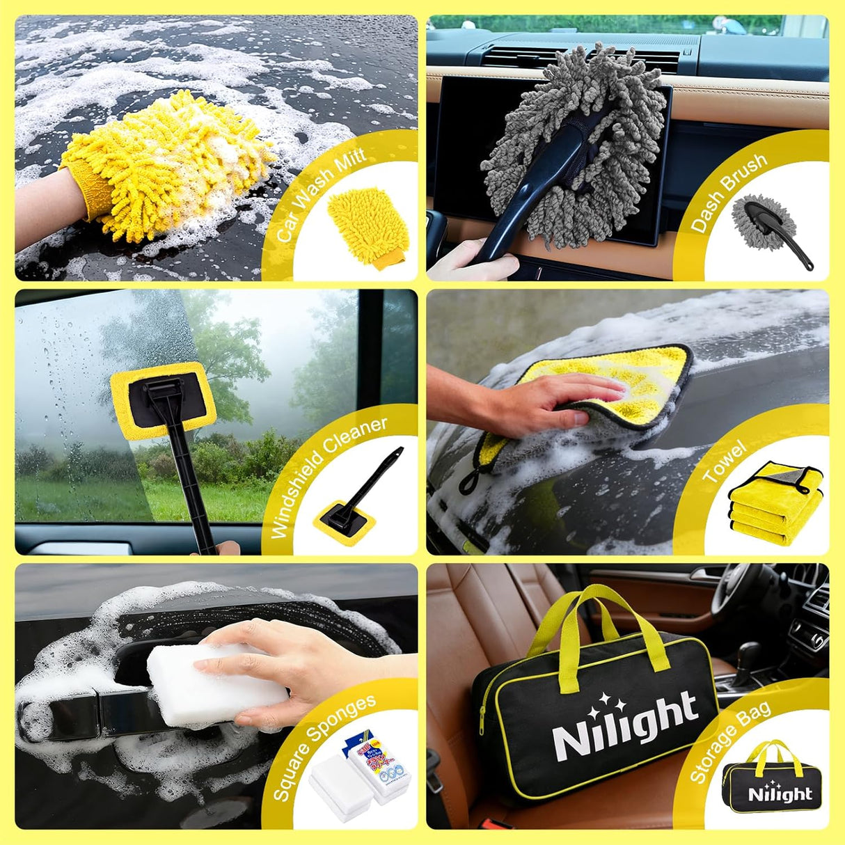 Automotive Tools 52PCS Car Detailing Kit Auto Cleaning Tools Wash Set with Storage Carry Bag Home Use for Interior Exterior Deep Clean Polish Car Care Windshield Dashboard Seat Air Vents Wheels Tires, Yellow