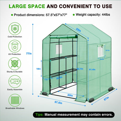 Greenhouse 57.5 Inchx57 Inchx77 Inch Walk in Green House - Large Outdoor/Indoor Greenhouses with 8 Shelves Waterproof PE Cover & Windows, Portable Greenhouse Kit for Winter Backyard Gardening Patio, Green