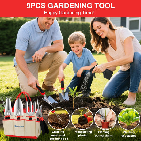 Gardening Tools 9-Piece Heavy Duty Garden Tool Set Gardening Supplies Gifts for Women Men Gardening Hand Tool Kit with Non-Slip Ergonomic Handle, Garden Bag, Durable Gloves, Pruning Shears, Red