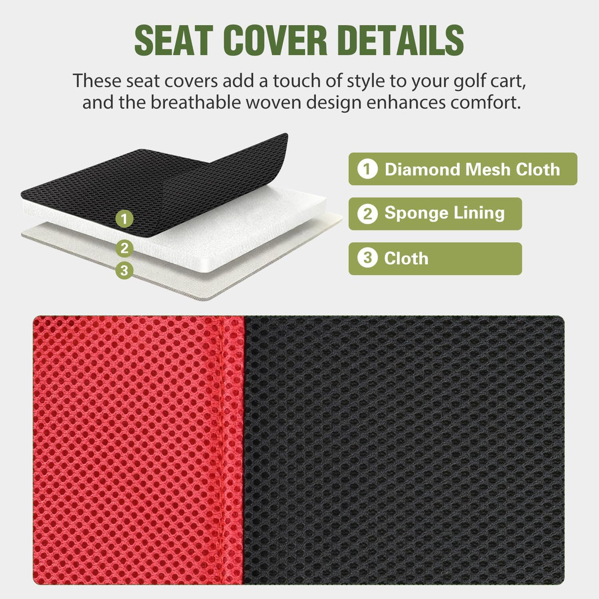 Golf Cart Rear Seat Cover 1PC Red Black Club Car EZGO Yamaha | Breathable Sandwich Mesh Sun Scratch Resistant Washable No Staple Fits Aftermarket Rear Seats for Club Car EZGO Yamaha