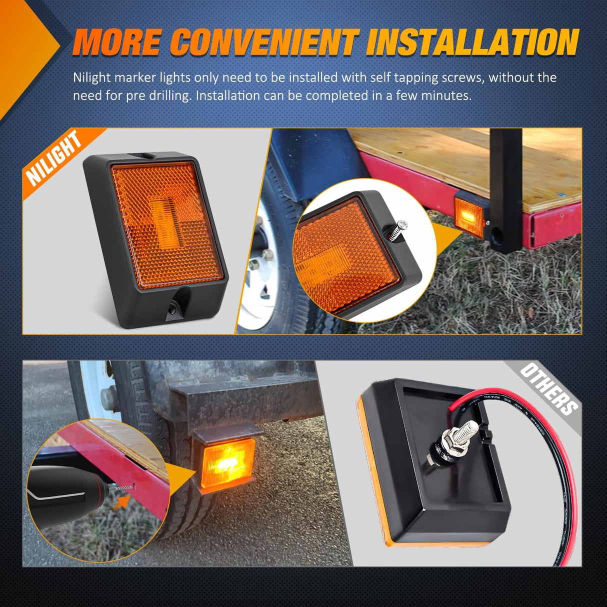 Side Marker Light 4PCS Square 3LED Amber Front Rear Indicator Clearance Lights Reflective Lens Surface Mounted Waterproof for 12V Truck Trailer Boat RV
