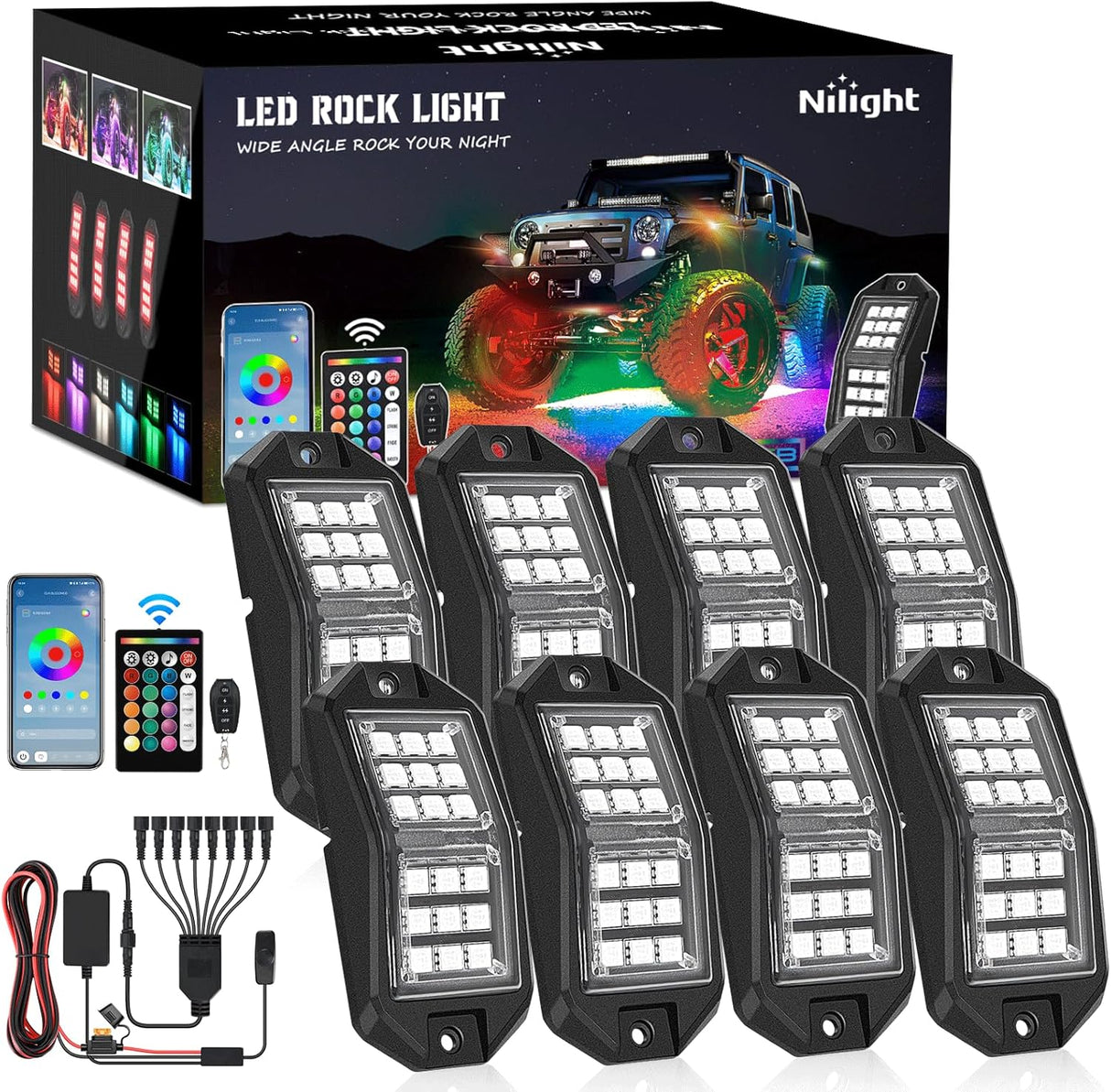 RGB Rock Lights RGB LED Rock Lights Kit 8 PCS 18LED Wide Angle Wheel Well Light with Remote & Bluetooth App Dual Control Multi Modes Underglow Multicolor Neon Pod for ATV UTV SUV Offroad Truck RZR Boat
