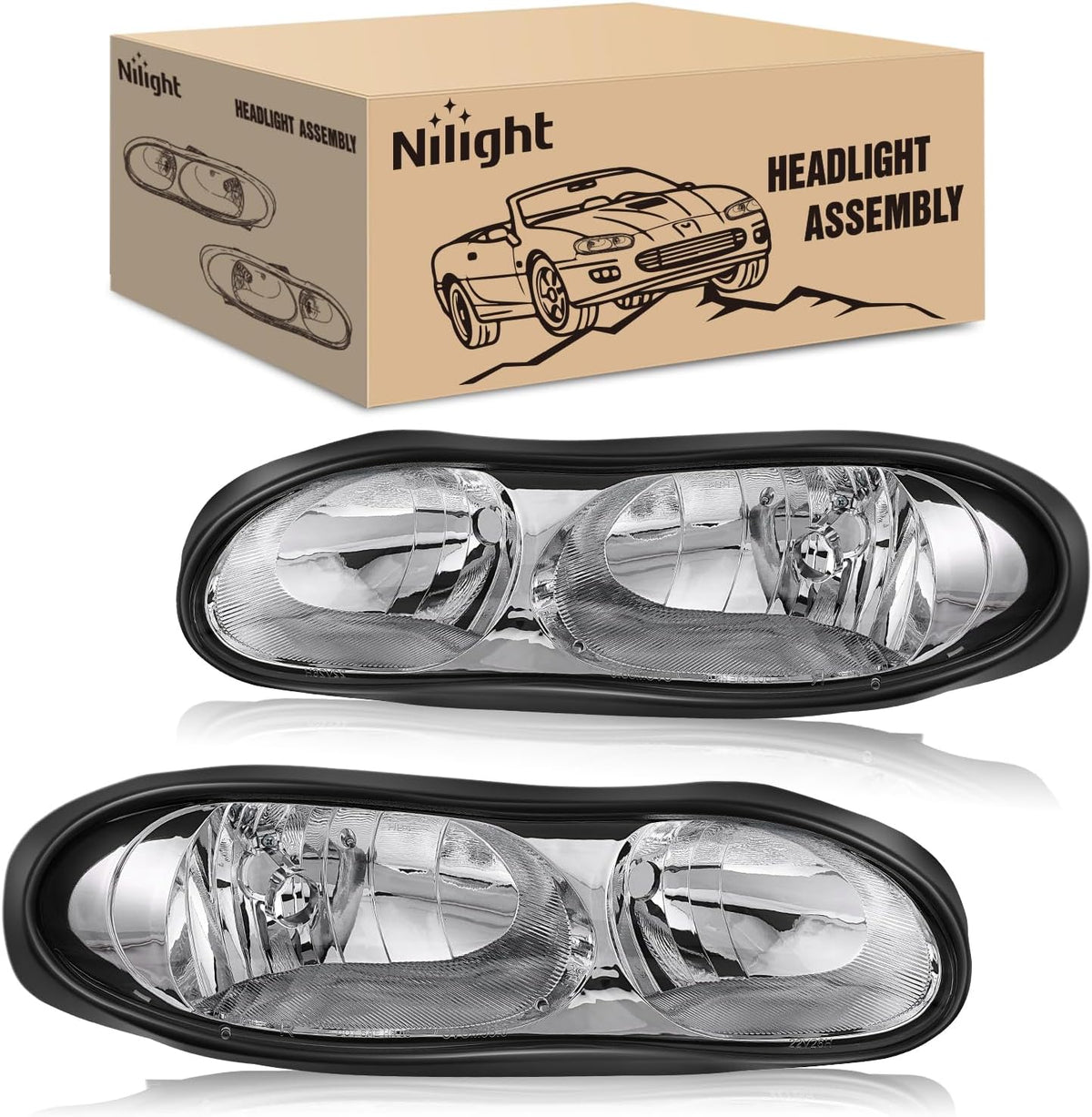 Headlight Assembly Compatible with 1998-2002 Chevy Chevrolet Camaro | 1998-2002 Chevy Chevrolet Camaro OE Style Halogen Replacement Headlamps Chrome Housing