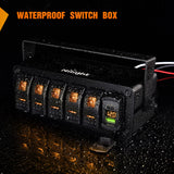 5 Gang Rocker Switch Box 12V SPST ON Off Toggle Switches PD Type C and QC 3.0 USB Sockcet Voltmeter LED Light Waterproof Aluminum Mount Bracket Panel DIY Stickers for Boat Car RV Truck