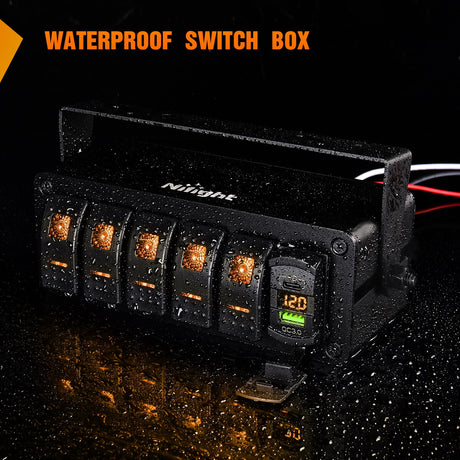 5 Gang Rocker Switch Box 12V SPST ON Off Toggle Switches PD Type C and QC 3.0 USB Sockcet Voltmeter LED Light Waterproof Aluminum Mount Bracket Panel DIY Stickers for Boat Car RV Truck