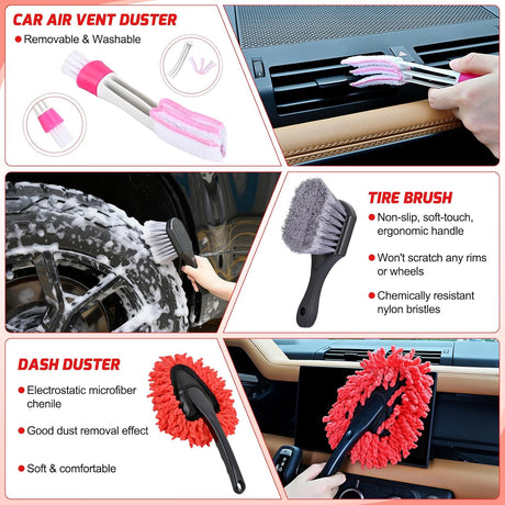 Automotive Tools 27PCS Car Detailing Kit Auto Cleaning Tools Wash Set with Storage Carry Bag Home Use for Interior Exterior Deep Clean Polish Car Care Windshield Dashboard Seat Air Vents Wheels Tires, Red