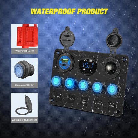 5Gang Multi Function Switch Panel PD Type C USB Charger Digital Voltmeter Nilight