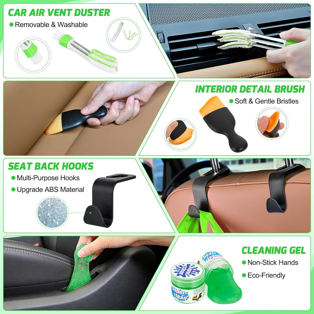 Automotive Tools 52PCS Car Detailing Kit Auto Cleaning Tools Wash Set with Storage Carry Bag Home Use for Interior Exterior Deep Clean Polish Car Care Windshield Dashboard Seat Air Vents Wheels Tires, Green