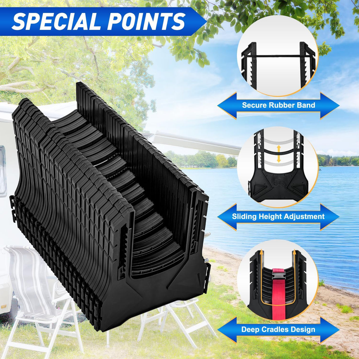 RV Sewer Hose Support 20Ft, Telescoping Design Avoid Obstacles and Height Adjustable for Camper Drainage, Easy to Set Up, Stable Deep U Shape Cradles Secure with Strap and Rubber Bands, Black
