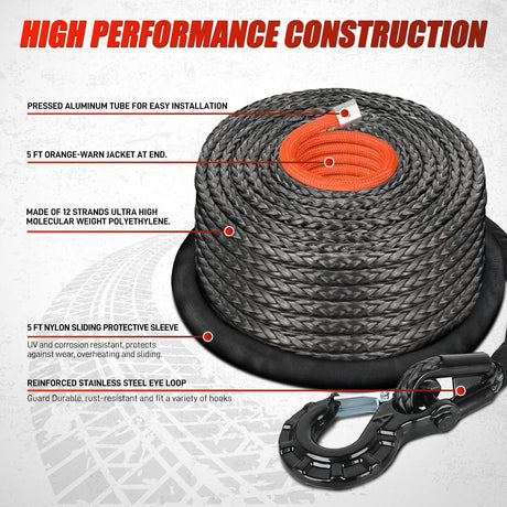 1/2 Inch x 92 Inch Synthetic Winch Rope 32,000 lbs Winch Line Cable Ropes Kit with Thimble Protective Sleeve 35000lb Heavy Duty Winch Hook for SUV 4WD Off Road Vehicle Truck ATV UTV, Black & Orange