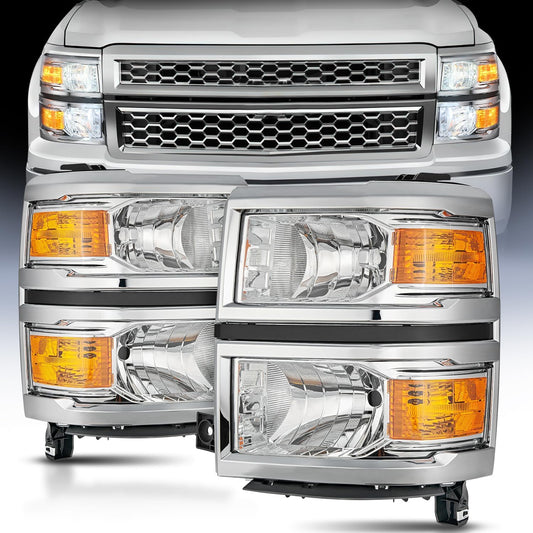 2014 2015 Chevy Silverado 1500 Headlight Assembly Chrome Housing Amber Reflector Nilight