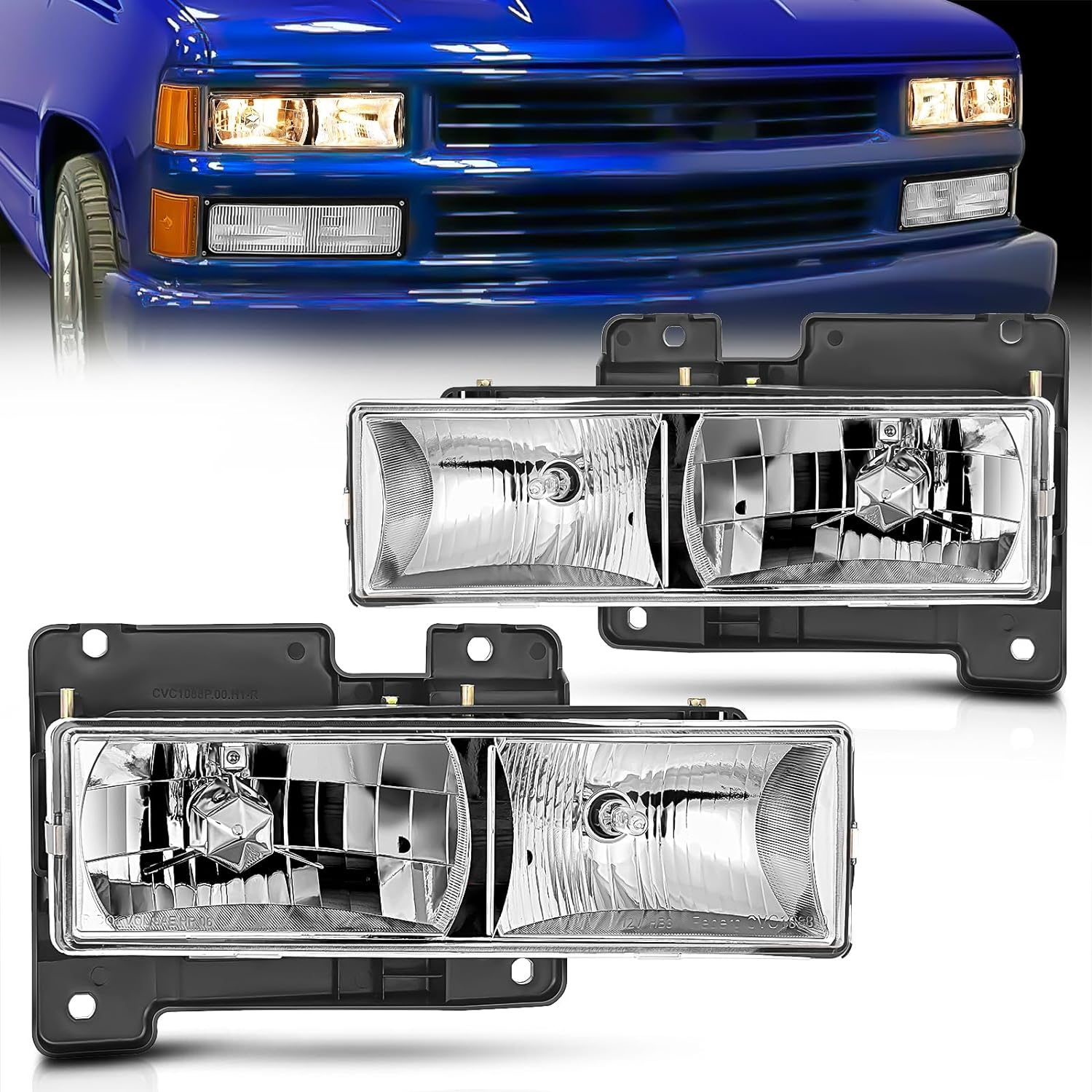 1988-1998 C/K 1500/2500/3500 GMC Sierra 1992-1994 Blazer Yukon 1994-1999 Tahoe Headlight Assembly Chrome Housing Clear Lens Nilight