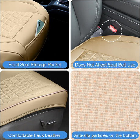 Car Seat Cushion Cover Beige Leather Front Seats Waterproof Anti-Slip with Storage Bag Wraps Bottom Fits Cars Sedan Van SUV Truck