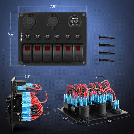 6 Gang Rocker Switch Panel Waterproof Pre-Wired Aluminum Panels with PD Type C and USB Cigarette Lighter Socket Voltmeter 12V 24V ON Off Switches for Car Trucks Boats RVs Red