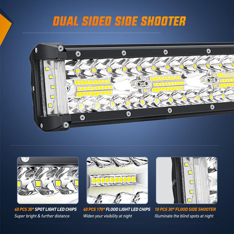 Side Shooter Light Bar 12Inch Triple Row Spot Flood Combo Work Off Road Lighting on Truck SUV ATV UTV