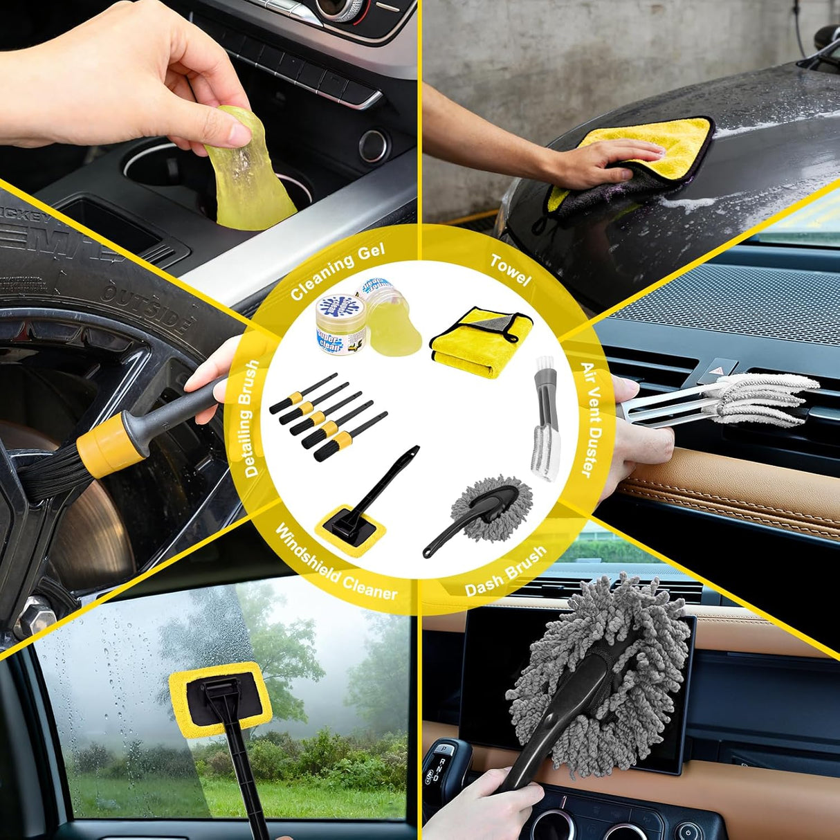 Automotive Tools 15PCS Car Detailing Kit Auto Cleaning Tools Wash Set with Storage Carry Bag Beginners Easy to Use for Interior Exterior Car Care Clean Windshield Dashboard Seat Air Vents Wheels Tires, Yellow