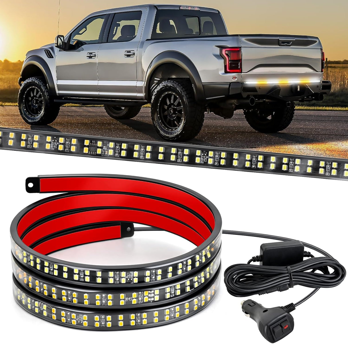 60 Inch Truck Tailgate Strobe Light Strip Tail Emergency Bar Rear Window Warning Lamp Ultra-Bright Double Row 360 LED for Pickup Trailers Construction Vehicles Car SUV, Amber White