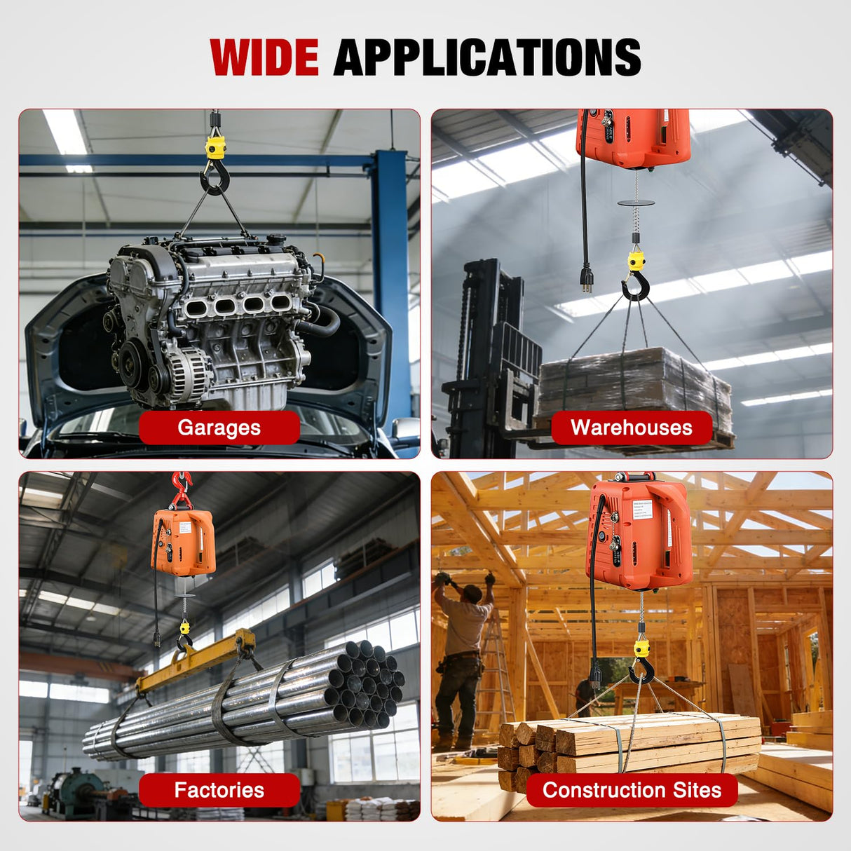 3-in-1 Electric Hoist Winch, 1100LBS 1500W Portable Power Winch Crane with Manual Wired Wireless Remote Control, 110V Electric Hoist 25FT Lifting Height for Garage Warehouses Factories, Orange
