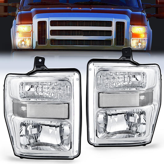 2008-2010 Ford F250 F350 F450 Super Duty Headlight Assembly Chrome Housing Clear Reflector Clear Lens Nilight