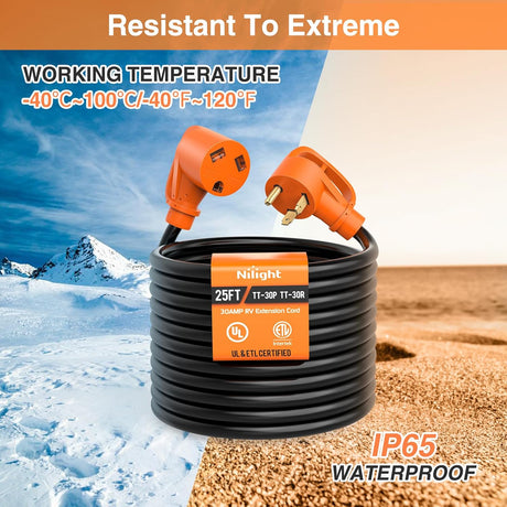 25FT 30 Amp RV Extension Cord with Adapter 50Amp to 30Amp 125V Heavy Duty 10/3 Gauge Pure Copper STW Wire UL ETL Listed 3 Prong TT-30P TT-30R Weatherproof Suit for Generators Campers