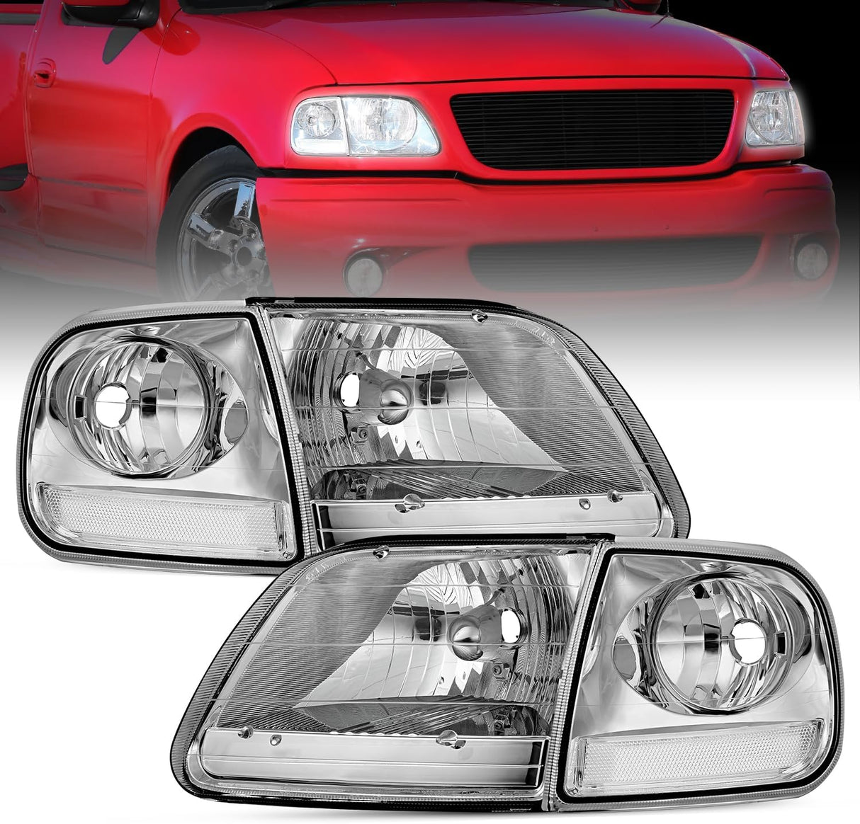 Headlight Assembly Compatible with 1997 1998 1999 2000 2001 2002 2003 Ford F-150 Expedition Chrome Housing