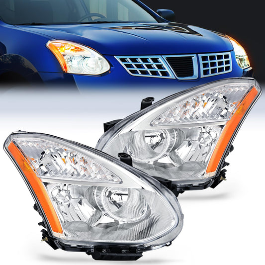 Headlight Assembly Headlight Assembly Chrome Housing Amber Reflector Upgraded Clear Lens 2008 - 2015 Nissan Rogue (Pair)