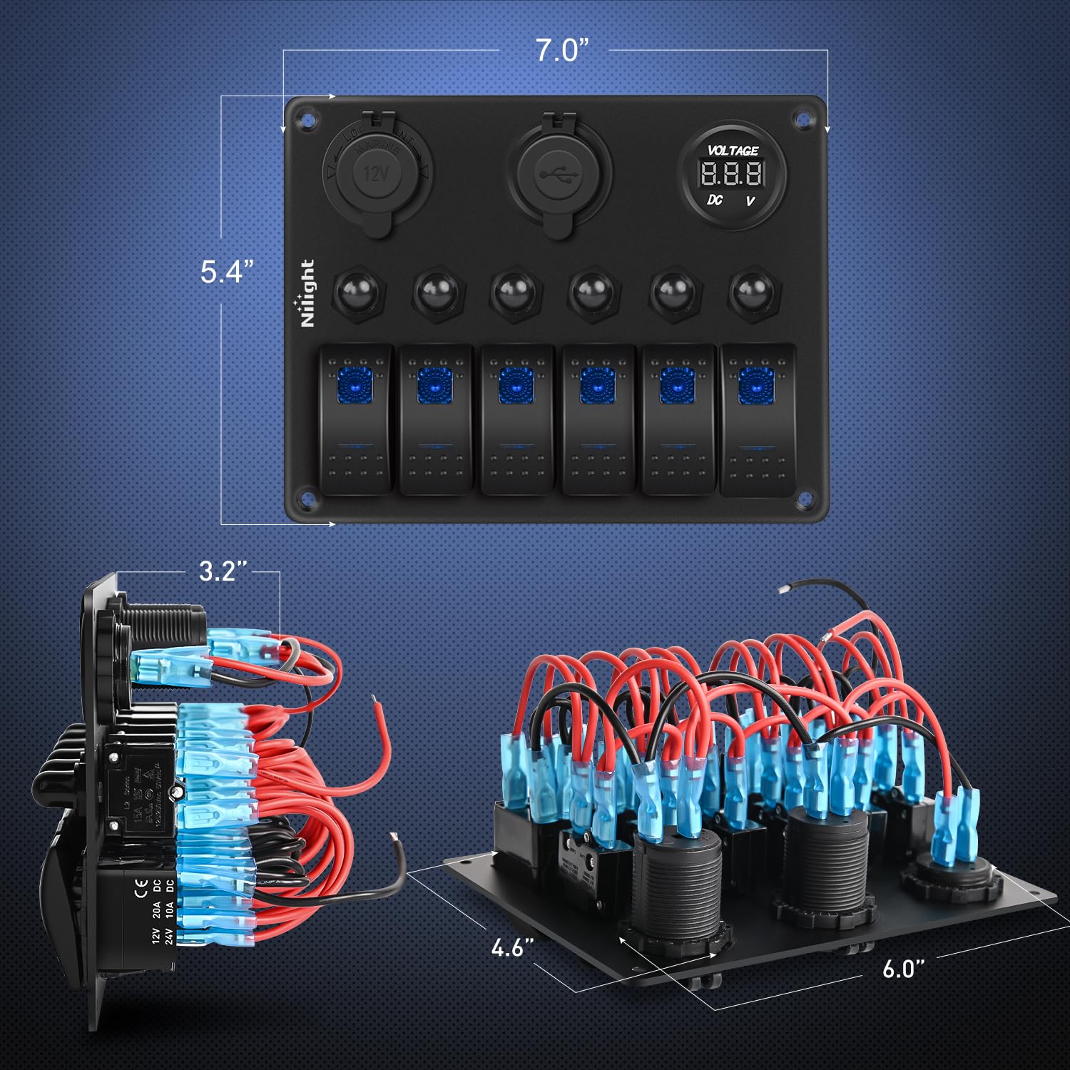 6Gang ON/Off Blue Rocker Switch Panel w/ PD Type C & Dual USB Cigarette Lighter Socket Voltmeter Nilight