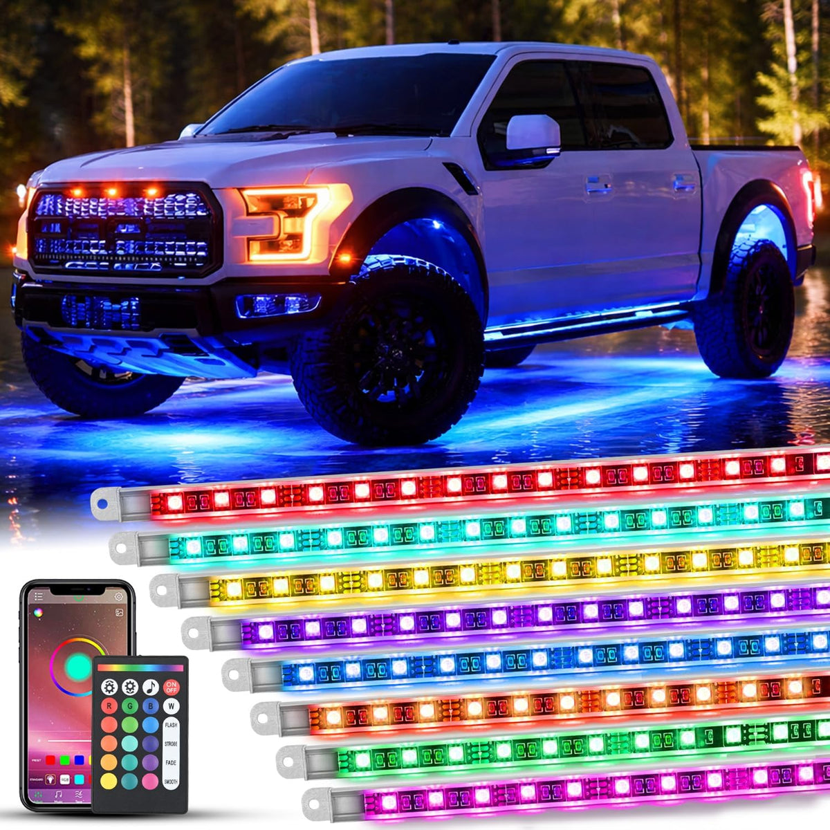8PCS Aluminum RGBW Underglow LED Strip Lights with APP & Remote | 396 LEDs Door Assist Multi Color DIY Sound Active Function Music Mode Underbody Light Strips for Car Truck RV