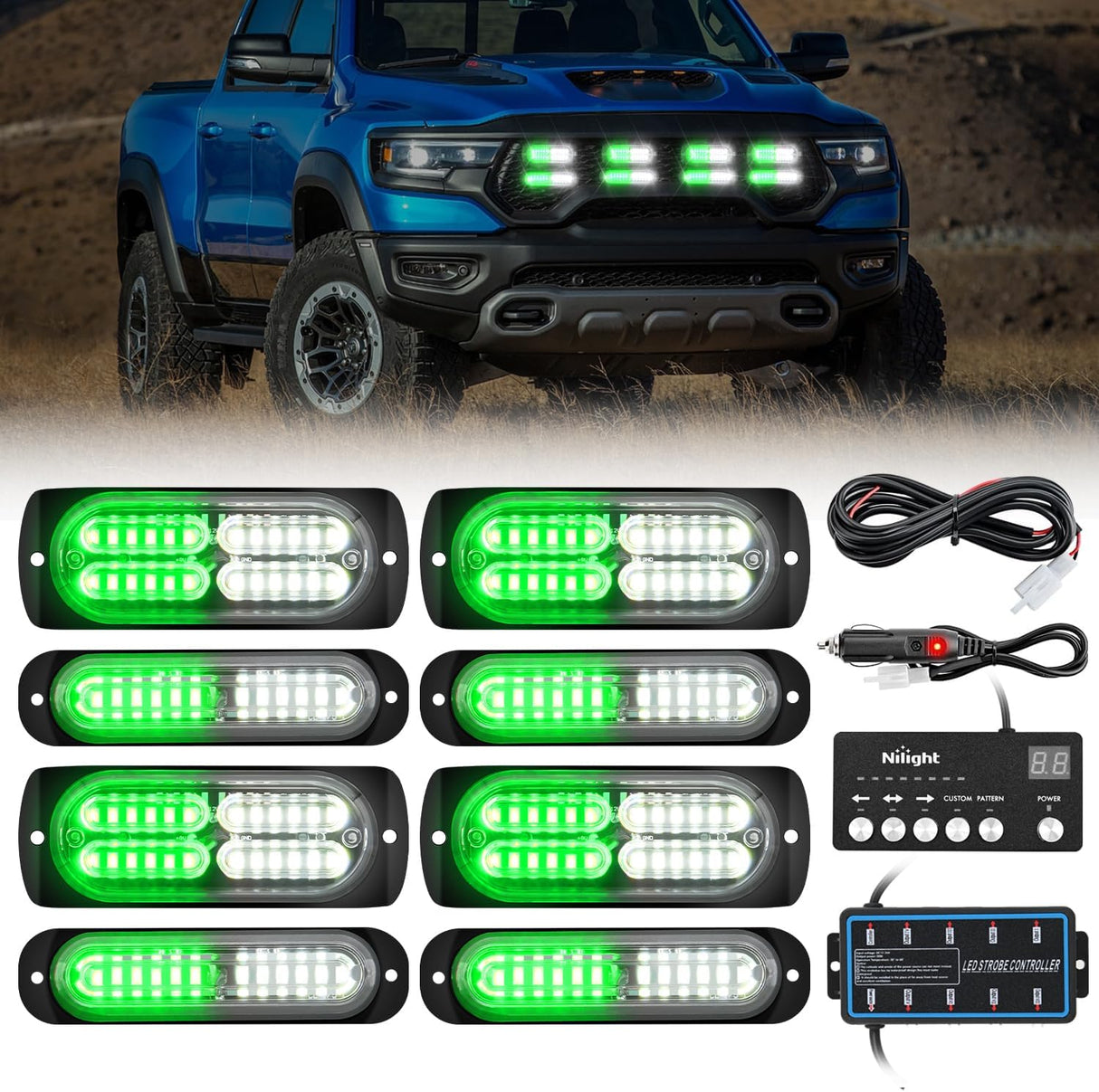 8PCS Led Strobe Lights with Controller 12V 24V Sync Feature Green White Emergency Hazard Warning Light 12 24 LED Surface Mount for Vehicle Car Truck RV ATV