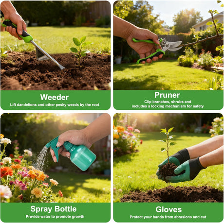 Gardening Tools 9-Piece Heavy Duty Garden Tool Set Gardening Supplies Gifts for Women Men Gardening Hand Tool Kit with Non-Slip Ergonomic Handle, Garden Bag, Durable Gloves and Shears, Green