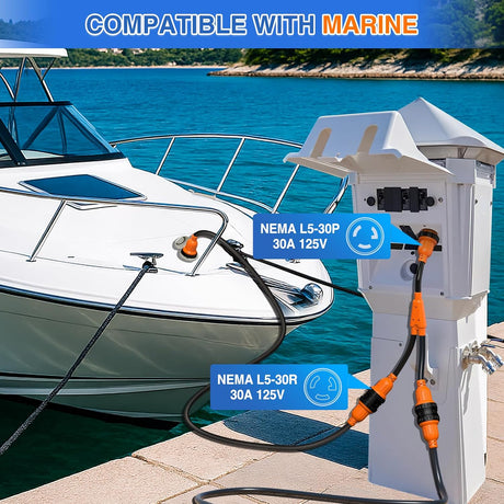 30 Amp RV Marine Boat Shore Power Y Splitter Adapter Cord NEMA L5-30P L5-30R 125V 3750W Cords w/Locking Rings & Waterproof Seals ETL-Listed 10 AWG STW for RVs Boats Yachts Campers