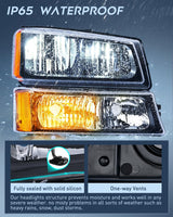 Headlight Assembly for 2003 2004 2005 2006 Chevy Silverado Avalanche 1500 1500HD 2500 2500HD 3500 Chevrolet Pickup Replacement Headlamp Black Housing Amber Reflector Bumper Lamp Set