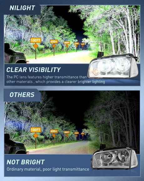 Headlight Assembly Compatible with 2006 2007 2008 2009 2010 Dodge Charger Chrome Housing Clear Reflector Lens Headlights Replacement Bumper Lamp Set Driver and Passenger Side