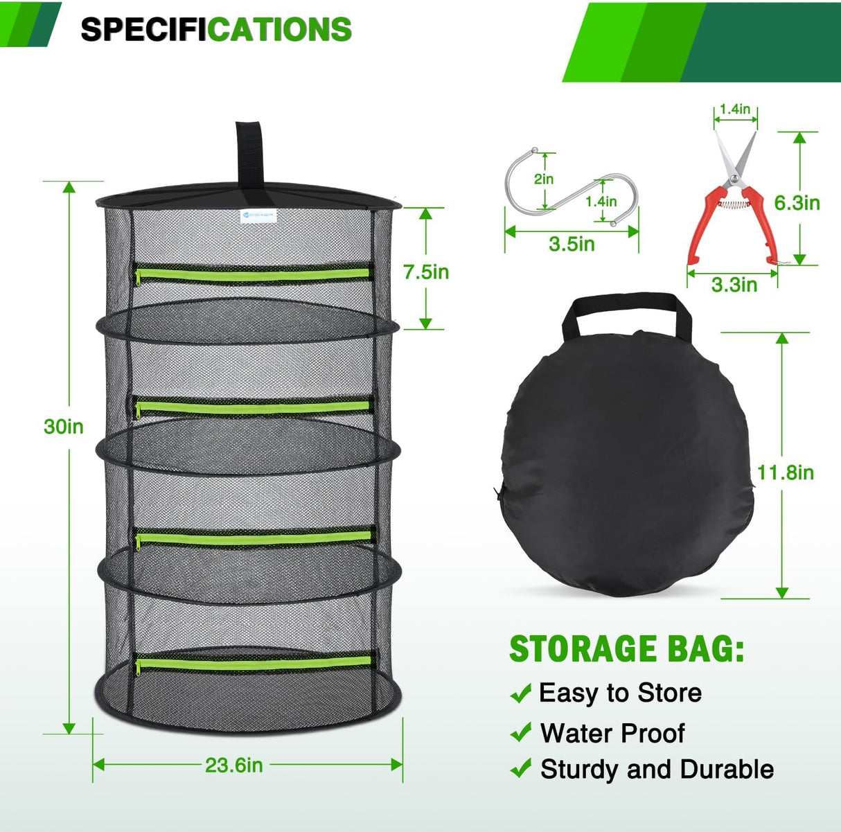 4 Layer Herb Drying Rack Hanging Mesh Net Foldable Plant Drying Racks 24 Inch w Green Zipper Pruning Shears Hook Dryer Hanging Rack for Herbs Seed Bud Fruit Clothes Grow Tent Closets Garden Outdoor